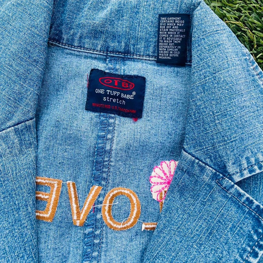 One Tuff Babe embroidered jean denim hippie floral jacket - Picture 2 of 4